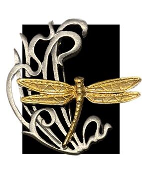 Art Nouveau Inspired Pewter & Gold Vintage Dragonfly Pin Brooch